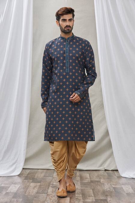 Buy_Arihant Rai Sinha_Blue Handloom Cotton Embroidery Floral Motifs Print Kurta _Online_at_Aza_Fashions