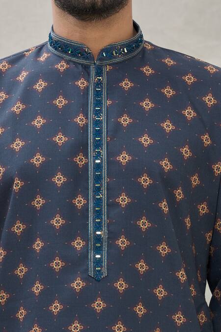 Shop_Arihant Rai Sinha_Blue Handloom Cotton Embroidery Floral Motifs Print Kurta _Online_at_Aza_Fashions