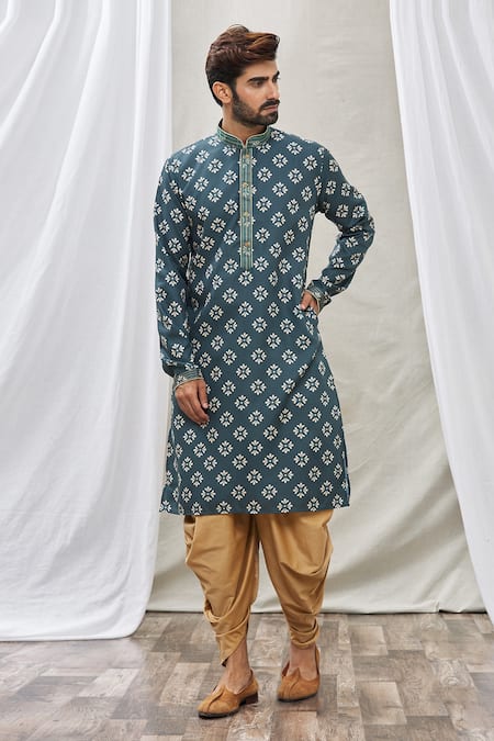 Buy_Arihant Rai Sinha_Green Handloom Cotton Embroidery Floral Print Kurta _Online_at_Aza_Fashions