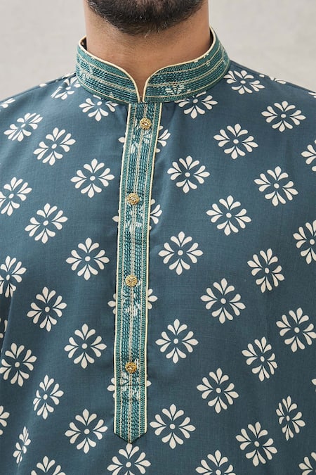 Shop_Arihant Rai Sinha_Green Handloom Cotton Embroidery Floral Print Kurta _Online_at_Aza_Fashions