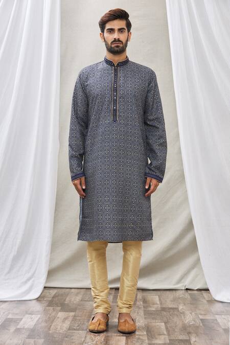 Arihant Rai Sinha_Blue Handloom Cotton Embroidery Floral Placket Kurta_Online_at_Aza_Fashions