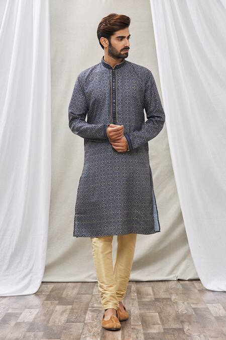 Buy_Arihant Rai Sinha_Blue Handloom Cotton Embroidery Floral Placket Kurta_Online_at_Aza_Fashions
