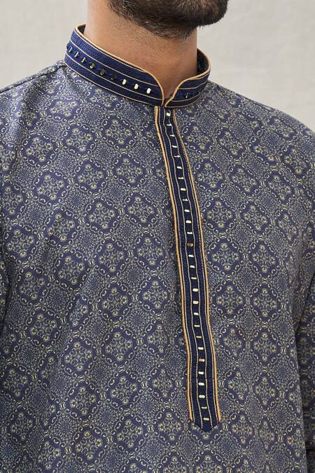 Shop_Arihant Rai Sinha_Blue Handloom Cotton Embroidery Floral Placket Kurta_Online_at_Aza_Fashions