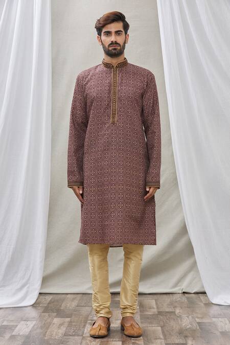 Arihant Rai Sinha Brown Handloom Cotton Embroidery Floral Print Straight Kurta Online at Aza Fashions Arihant Rai Sinha_Brown Handloom Cotton Embroidery Floral Print Straight Kurta _Online_at_Aza_Fashions