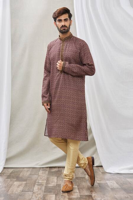 Buy Arihant Rai Sinha Brown Handloom Cotton Embroidery Floral Print Straight Kurta Online at Aza Fashions Buy_Arihant Rai Sinha_Brown Handloom Cotton Embroidery Floral Print Straight Kurta _Online_at_Aza_Fashions