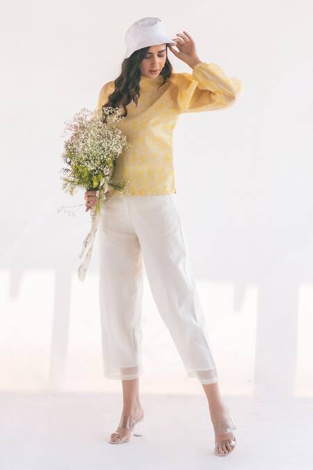 Buy_Vaani Beswal_Yellow Marbella Block Print Top _Online_at_Aza_Fashions