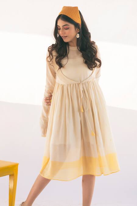 Buy Vaani Beswal White Handwoven Cotton Jamdani Geometric Motifs High Neck Buttercup Dress Online at Aza Fashions Buy_Vaani Beswal_White Handwoven Cotton Jamdani Geometric Motifs High Neck Buttercup Dress _Online_at_Aza_Fashions