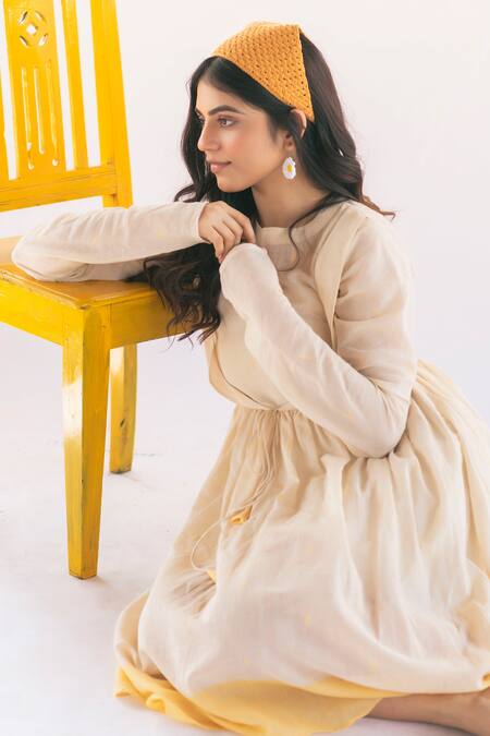 Shop Vaani Beswal White Handwoven Cotton Jamdani Geometric Motifs High Neck Buttercup Dress Online at Aza Fashions Shop_Vaani Beswal_White Handwoven Cotton Jamdani Geometric Motifs High Neck Buttercup Dress _Online_at_Aza_Fashions