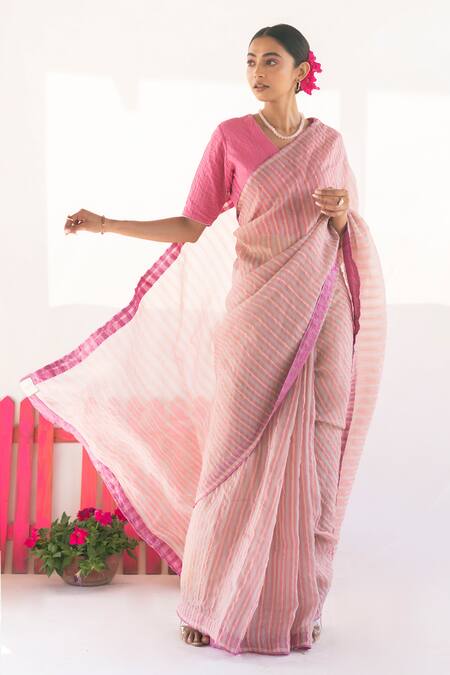 Vaani Beswal Pink Handwoven Silk Organza Thread Work V Neck Saree With Blouse Online at Aza Fashions Vaani Beswal_Pink Handwoven Silk Organza Thread Work V Neck Saree With Blouse _Online_at_Aza_Fashions