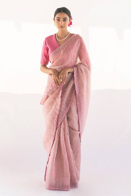Buy Vaani Beswal Pink Handwoven Silk Organza Thread Work V Neck Saree With Blouse Online at Aza Fashions Buy_Vaani Beswal_Pink Handwoven Silk Organza Thread Work V Neck Saree With Blouse _Online_at_Aza_Fashions
