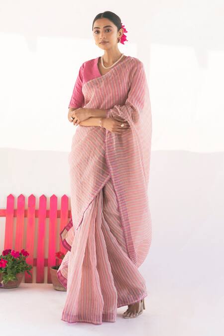 Shop Vaani Beswal Pink Handwoven Silk Organza Thread Work V Neck Saree With Blouse Online at Aza Fashions Shop_Vaani Beswal_Pink Handwoven Silk Organza Thread Work V Neck Saree With Blouse _Online_at_Aza_Fashions