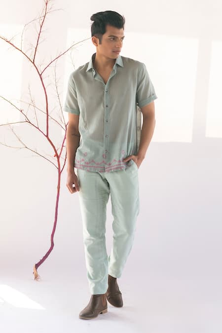 Vaani Beswal Blue Handwoven Cotton Jamdani Geometric Elise Shirt 