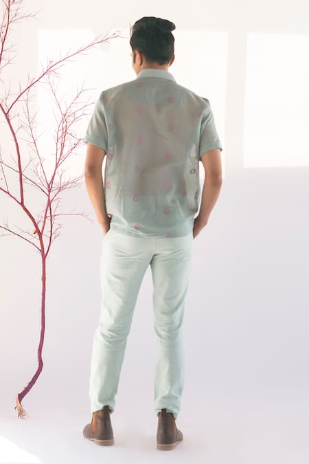 Shop Vaani Beswal Blue Handwoven Cotton Jamdani Geometric Elise Shirt at Aza Fashions Shop_Vaani Beswal_Blue Handwoven Cotton Jamdani Geometric Elise Shirt _at_Aza_Fashions