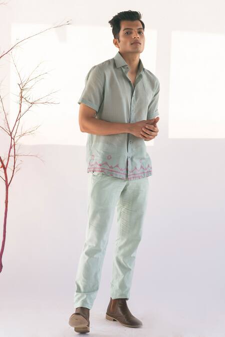 Vaani Beswal Blue Handwoven Cotton Jamdani Geometric Elise Shirt Online at Aza Fashions Vaani Beswal_Blue Handwoven Cotton Jamdani Geometric Elise Shirt _Online_at_Aza_Fashions