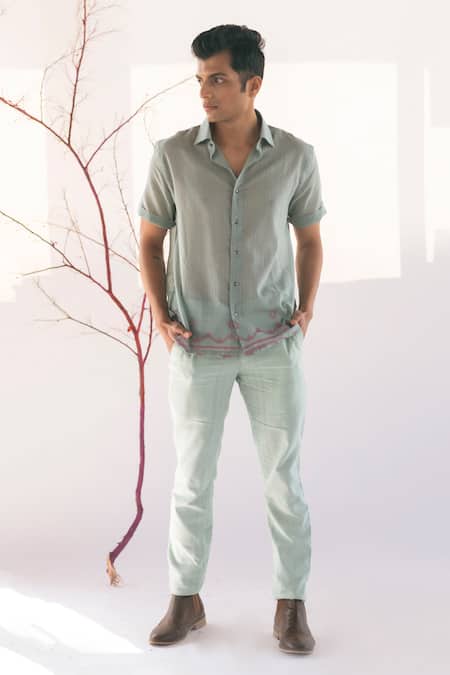 Buy Vaani Beswal Blue Handwoven Cotton Jamdani Geometric Elise Shirt Online at Aza Fashions Buy_Vaani Beswal_Blue Handwoven Cotton Jamdani Geometric Elise Shirt _Online_at_Aza_Fashions