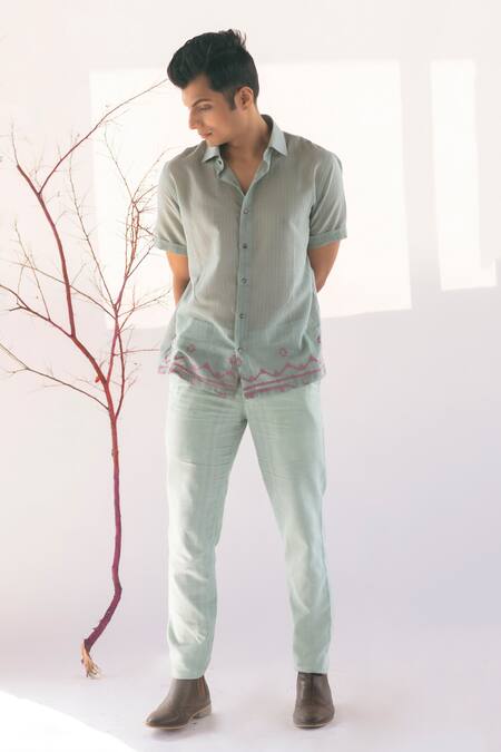 Shop Vaani Beswal Blue Handwoven Cotton Jamdani Geometric Elise Shirt Online at Aza Fashions Shop_Vaani Beswal_Blue Handwoven Cotton Jamdani Geometric Elise Shirt _Online_at_Aza_Fashions