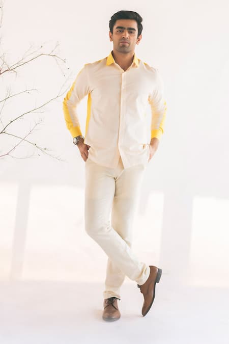 Vaani Beswal White Handwoven Cotton Fruce Colourblock Shirt 