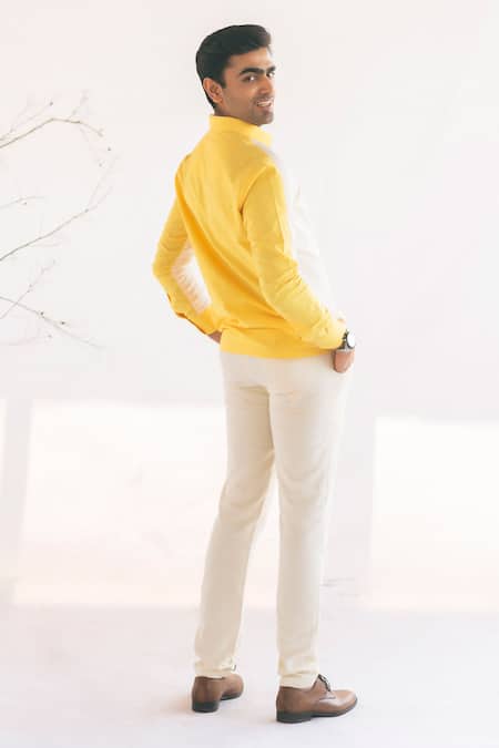 Shop Vaani Beswal White Handwoven Cotton Fruce Colourblock Shirt at Aza Fashions Shop_Vaani Beswal_White Handwoven Cotton Fruce Colourblock Shirt _at_Aza_Fashions