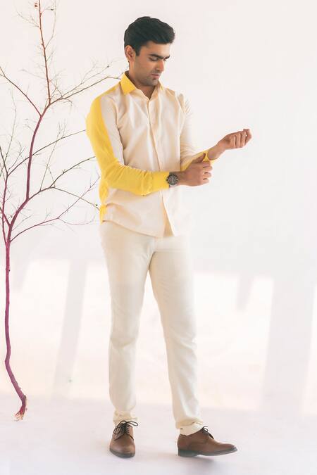 Vaani Beswal White Handwoven Cotton Fruce Colourblock Shirt Online at Aza Fashions Vaani Beswal_White Handwoven Cotton Fruce Colourblock Shirt _Online_at_Aza_Fashions