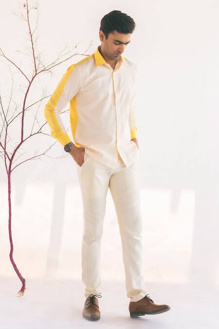 Buy Vaani Beswal White Handwoven Cotton Fruce Colourblock Shirt Online at Aza Fashions Buy_Vaani Beswal_White Handwoven Cotton Fruce Colourblock Shirt _Online_at_Aza_Fashions