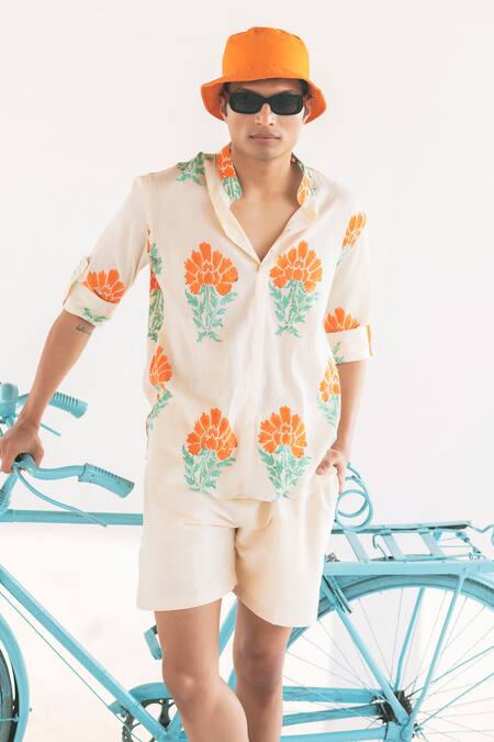 Shop Vaani Beswal White Croissant Block Print Shirt And Shorts Set Online at Aza Fashions Shop_Vaani Beswal_White Croissant Block Print Shirt And Shorts Set _Online_at_Aza_Fashions