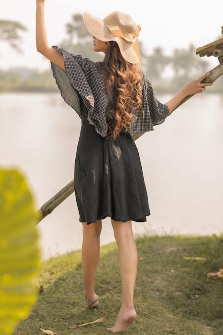 Buy_Vaani Beswal_Black Handwoven Linen And Cotton Zari Checkered Motifs High Melany Cape Dress _Online_at_Aza_Fashions