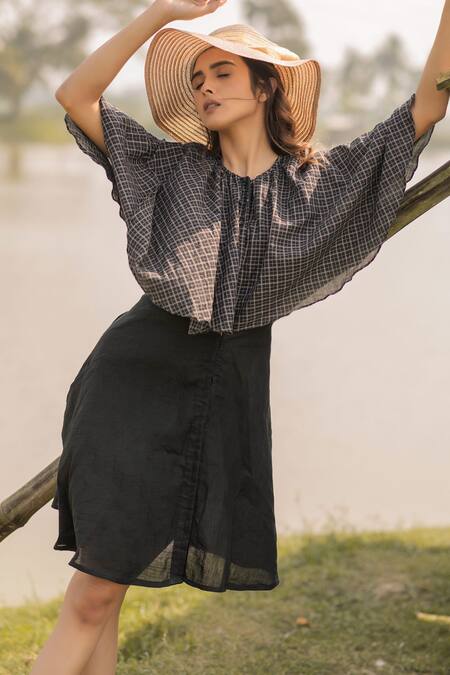 Shop_Vaani Beswal_Black Handwoven Linen And Cotton Zari Checkered Motifs High Melany Cape Dress _Online_at_Aza_Fashions