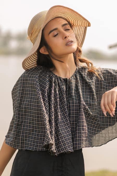 Vaani Beswal_Black Handwoven Linen And Cotton Zari Checkered Motifs High Melany Cape Dress _at_Aza_Fashions