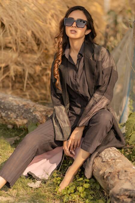 Buy_Vaani Beswal_Black Handwoven Linen Work Notched Collar Itzal Trench Coat _Online_at_Aza_Fashions