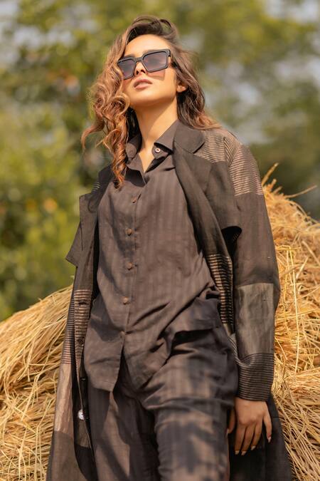 Vaani Beswal_Black Handwoven Linen Work Notched Collar Itzal Trench Coat _at_Aza_Fashions