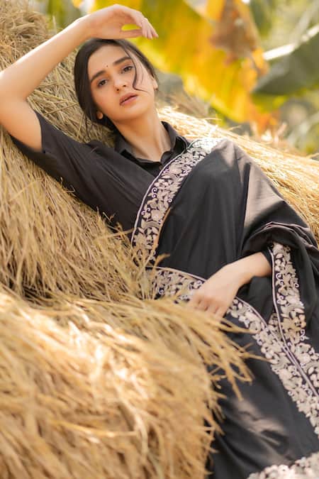Vaani Beswal_Black Chanderi Cotton Silk Embroidered Thread Work Alair Hem Saree _at_Aza_Fashions
