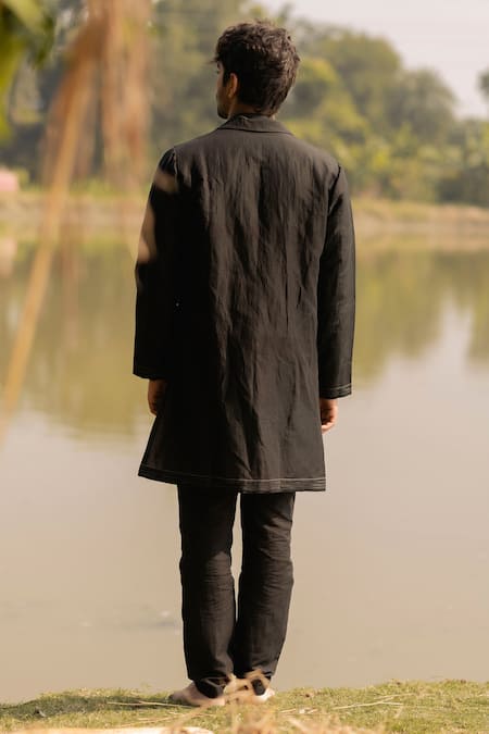 Shop_Vaani Beswal_Black Linen Cotton Dusk Trench Coat _at_Aza_Fashions