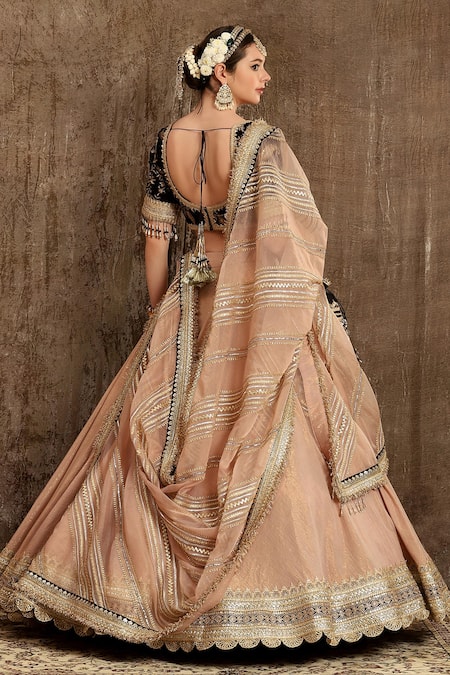 Shop Shikhar Sharma Peach Velvet, Shantoon, Silk Organza, Cotton Embroidered Bridal Lehenga Set at Aza Fashions Shop_Shikhar Sharma_Peach Velvet, Shantoon, Silk Organza, Cotton Embroidered Bridal Lehenga Set _at_Aza_Fashions