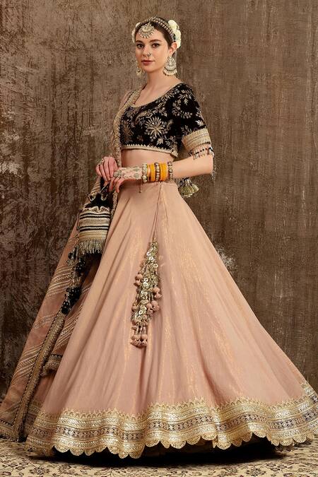 Buy Shikhar Sharma Peach Velvet, Shantoon, Silk Organza, Cotton Embroidered Bridal Lehenga Set Online at Aza Fashions Buy_Shikhar Sharma_Peach Velvet, Shantoon, Silk Organza, Cotton Embroidered Bridal Lehenga Set _Online_at_Aza_Fashions