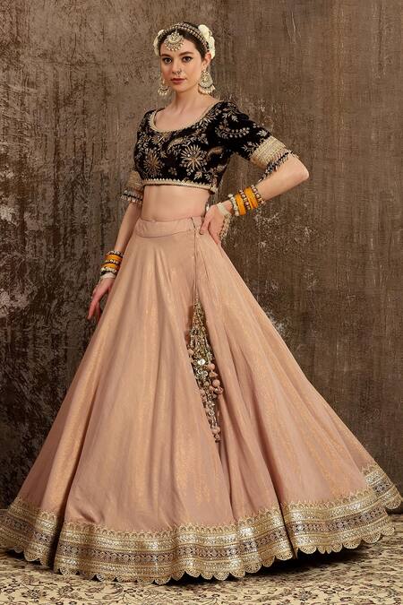Shop Shikhar Sharma Peach Velvet, Shantoon, Silk Organza, Cotton Embroidered Bridal Lehenga Set Online at Aza Fashions Shop_Shikhar Sharma_Peach Velvet, Shantoon, Silk Organza, Cotton Embroidered Bridal Lehenga Set _Online_at_Aza_Fashions