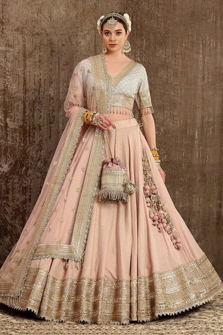 SHIKHAR SHARMA Pink Cotton Shimmer Chanderi Embroidery Gota Scallop V Zari Bridal Lehenga Set 