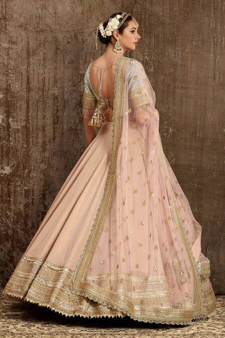Shop_SHIKHAR SHARMA_Pink Cotton Shimmer Chanderi Embroidery Gota Scallop V Zari Bridal Lehenga Set _at_Aza_Fashions