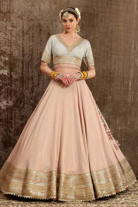 Buy_SHIKHAR SHARMA_Pink Cotton Shimmer Chanderi Embroidery Gota Scallop V Zari Bridal Lehenga Set _Online_at_Aza_Fashions