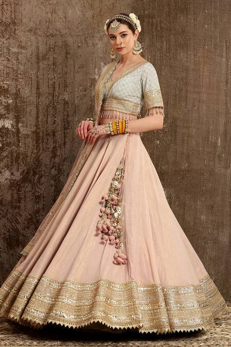 Shop_SHIKHAR SHARMA_Pink Cotton Shimmer Chanderi Embroidery Gota Scallop V Zari Bridal Lehenga Set _Online_at_Aza_Fashions