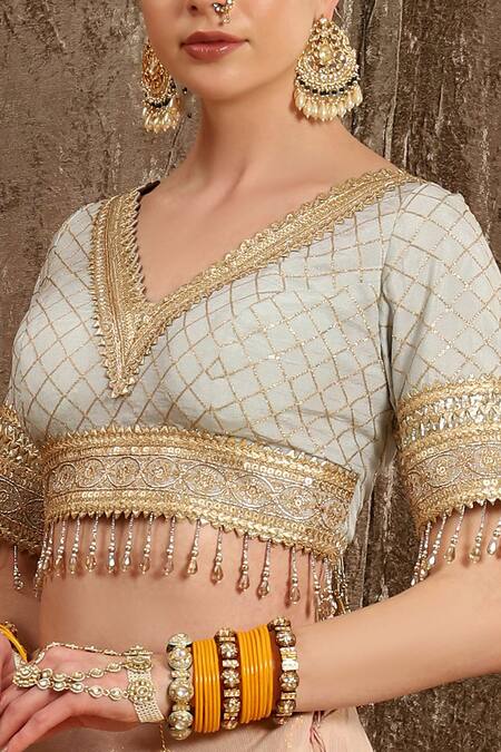 SHIKHAR SHARMA_Pink Cotton Shimmer Chanderi Embroidery Gota Scallop V Zari Bridal Lehenga Set _at_Aza_Fashions