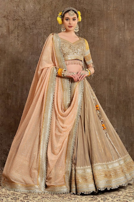 SHIKHAR SHARMA Yellow Cotton Shimmer Chanderi Embroidery Gota Scallop V Neck Lehenga Set 
