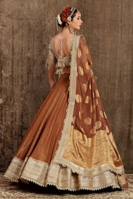 Shop_SHIKHAR SHARMA_Grey Lehenga Cotton Shimmer Chanderi Embroidery Zari Leaf Neck Bridal Set _at_Aza_Fashions