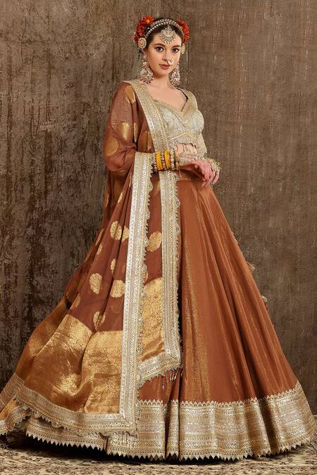 SHIKHAR SHARMA_Grey Lehenga Cotton Shimmer Chanderi Embroidery Zari Leaf Neck Bridal Set _Online_at_Aza_Fashions
