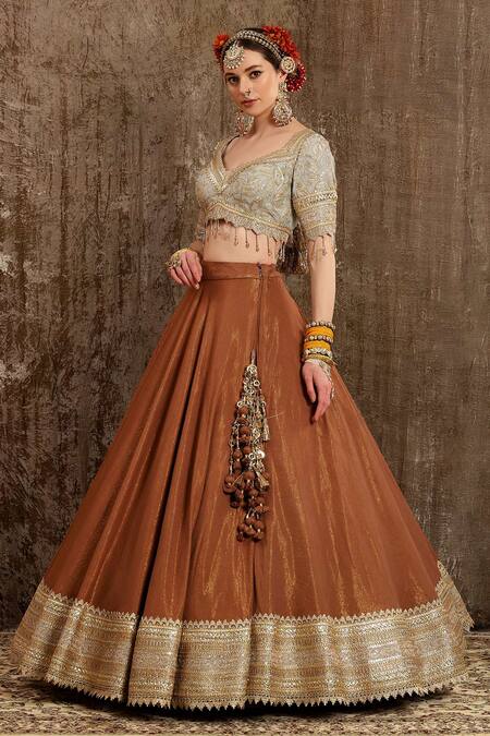 Buy_SHIKHAR SHARMA_Grey Lehenga Cotton Shimmer Chanderi Embroidery Zari Leaf Neck Bridal Set _Online_at_Aza_Fashions