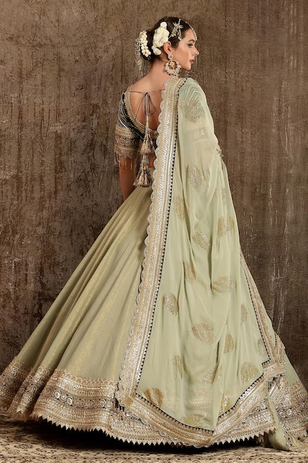 Buy Cream and Green Sequin Embroidery Lehenga Online in USA – Pure Elegance