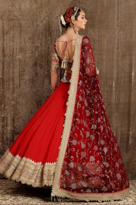 Shop_Shikhar Sharma_Red Raw Silk And Chiffon Lining Bridal Lehenga Set With Embroidered Blouse _at_Aza_Fashions