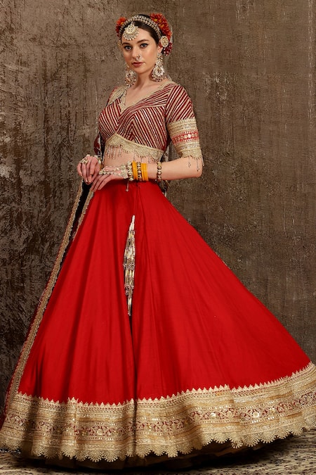 Shikhar Sharma_Red Raw Silk And Chiffon Lining Bridal Lehenga Set With Embroidered Blouse _Online_at_Aza_Fashions