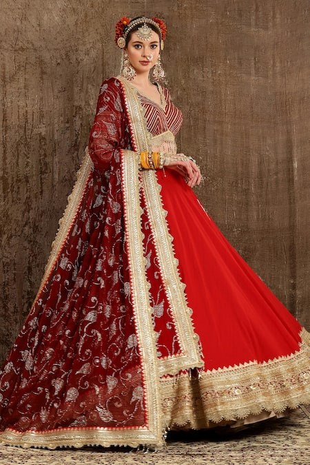 Buy_Shikhar Sharma_Red Raw Silk And Chiffon Lining Bridal Lehenga Set With Embroidered Blouse _Online_at_Aza_Fashions