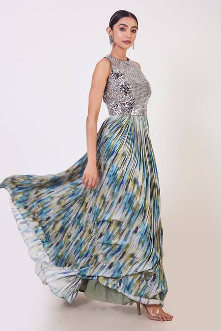 Onaya_Multi Color Raw Silk And Satin Abstract & Mirror Round Printed Gown_Online_at_Aza_Fashions