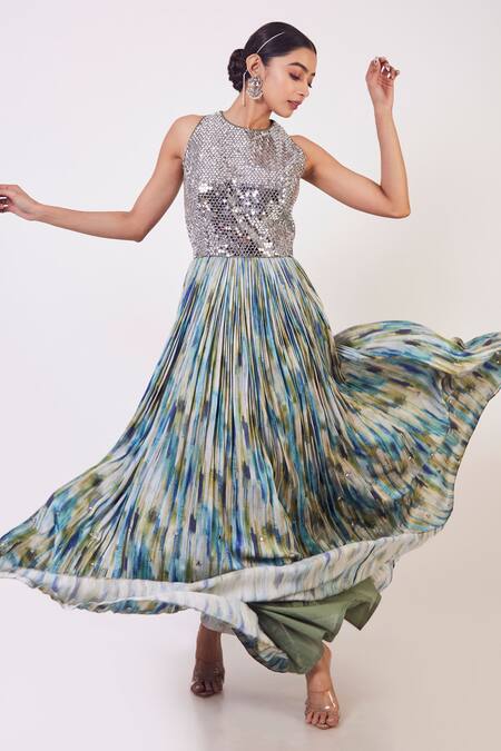 Buy_Onaya_Multi Color Raw Silk And Satin Abstract & Mirror Round Printed Gown_Online_at_Aza_Fashions